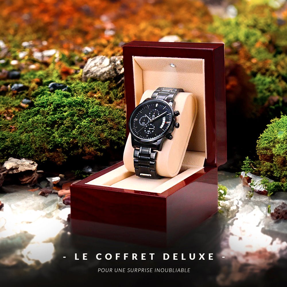 Montre personnalisée pour homme dans un coffret cadeau en acajou.