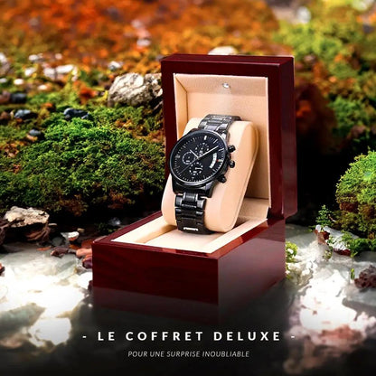 Montre personnalisée pour homme dans un coffret cadeau en acajou.