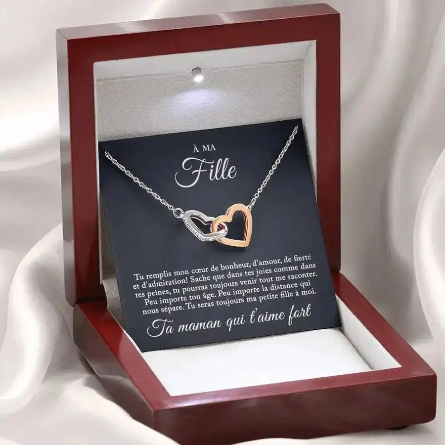 Cadeau pour fille - Collier coeurs entrelacés et message sentimental dans un coffret en acajou